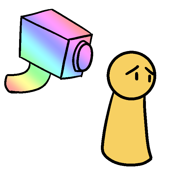An upset yellow person turned away from a large pastel rainbow security camera.